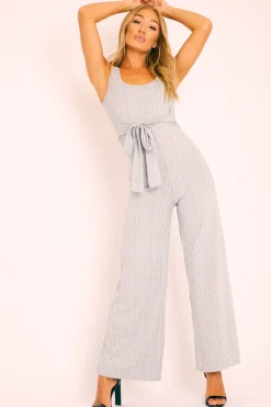 Rebellious Fashion Grey Ribbed Zip Back Belted Jumpsuit - Indiya
