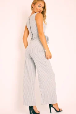 Rebellious Fashion Grey Ribbed Zip Back Belted Jumpsuit - Indiya