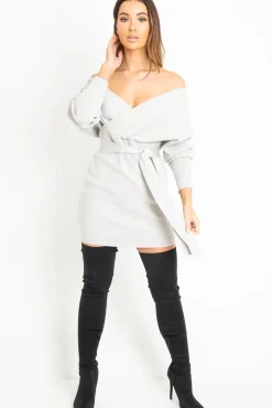 Rebellious Fashion Grey Rib Belted Plunge Jumper Dress - Ember