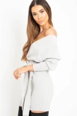 Rebellious Fashion Grey Rib Belted Plunge Jumper Dress - Ember