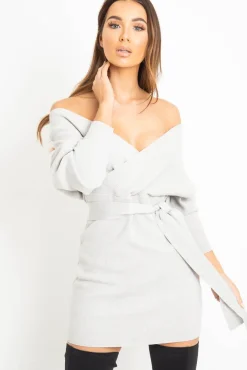 Rebellious Fashion Grey Rib Belted Plunge Jumper Dress - Ember