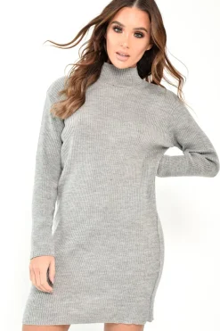 Rebellious Fashion Grey Rib Bodycon Turtle Neck Mini Dress - Tesia