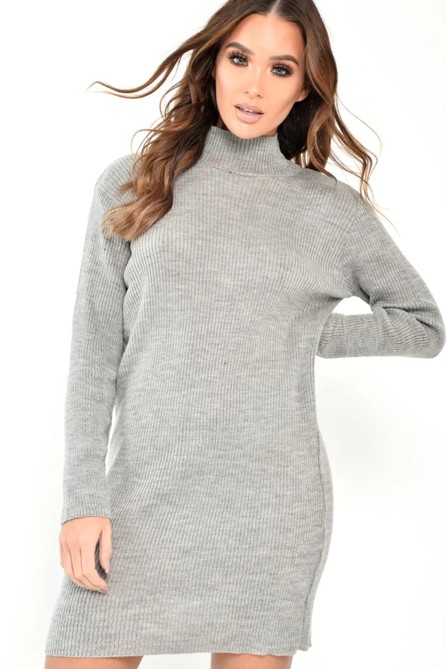 Rebellious Fashion Grey Rib Bodycon Turtle Neck Mini Dress - Tesia
