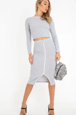 Rebellious Fashion Grey Rib Contrast Piping Top Midi Skirt Co-Ord - Ibbie