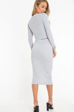 Rebellious Fashion Grey Rib Contrast Piping Top Midi Skirt Co-Ord - Ibbie