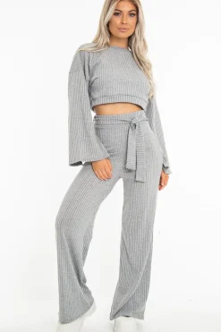 Rebellious Fashion Grey Rib Crop Jumper Tie Wide Leg Trousers Loungewear Co-Ord - Mirabel