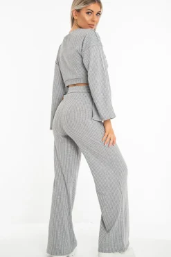 Rebellious Fashion Grey Rib Crop Jumper Tie Wide Leg Trousers Loungewear Co-Ord - Mirabel