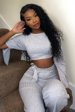 Rebellious Fashion Grey Rib Crop Jumper Tie Wide Leg Trousers Loungewear Co-Ord - Mirabel
