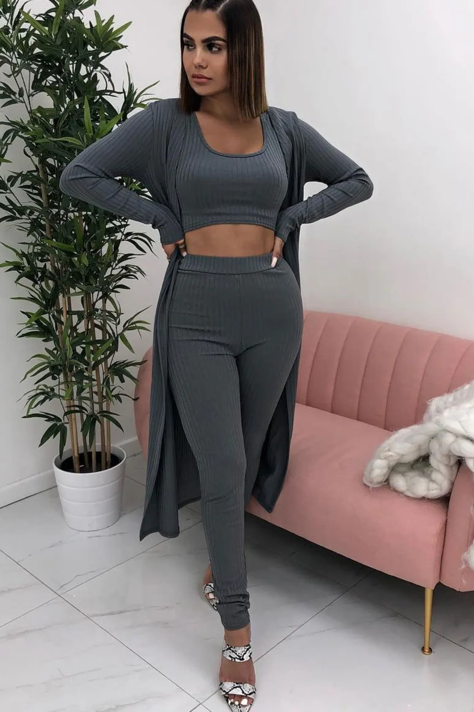 Rebellious Fashion Grey Rib Crop Top Leggings Co-Ord - Elenah