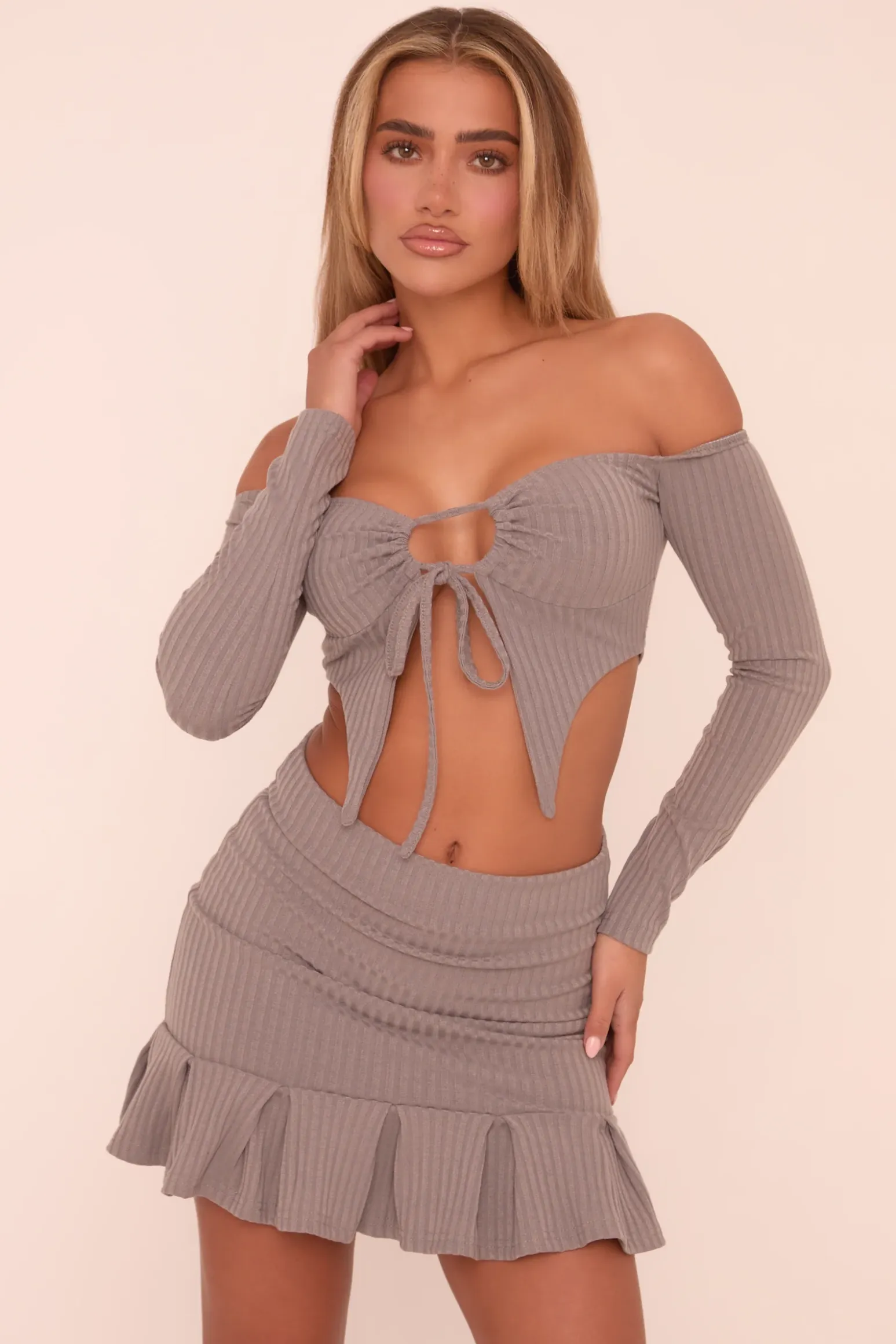 Rebellious Fashion Grey Rib Knit Bardot Cropped Top & Pleat Detail Mini Skirt Co-ord Set - Yancy