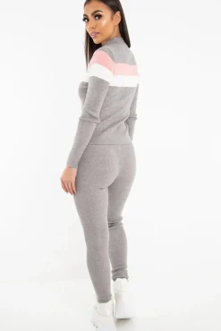 Rebellious Fashion Grey Rib Knit Colour Block Loungewear Set - Jaysie