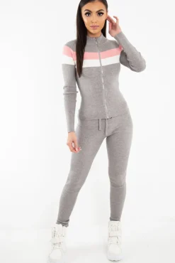 Rebellious Fashion Grey Rib Knit Colour Block Loungewear Set - Jaysie