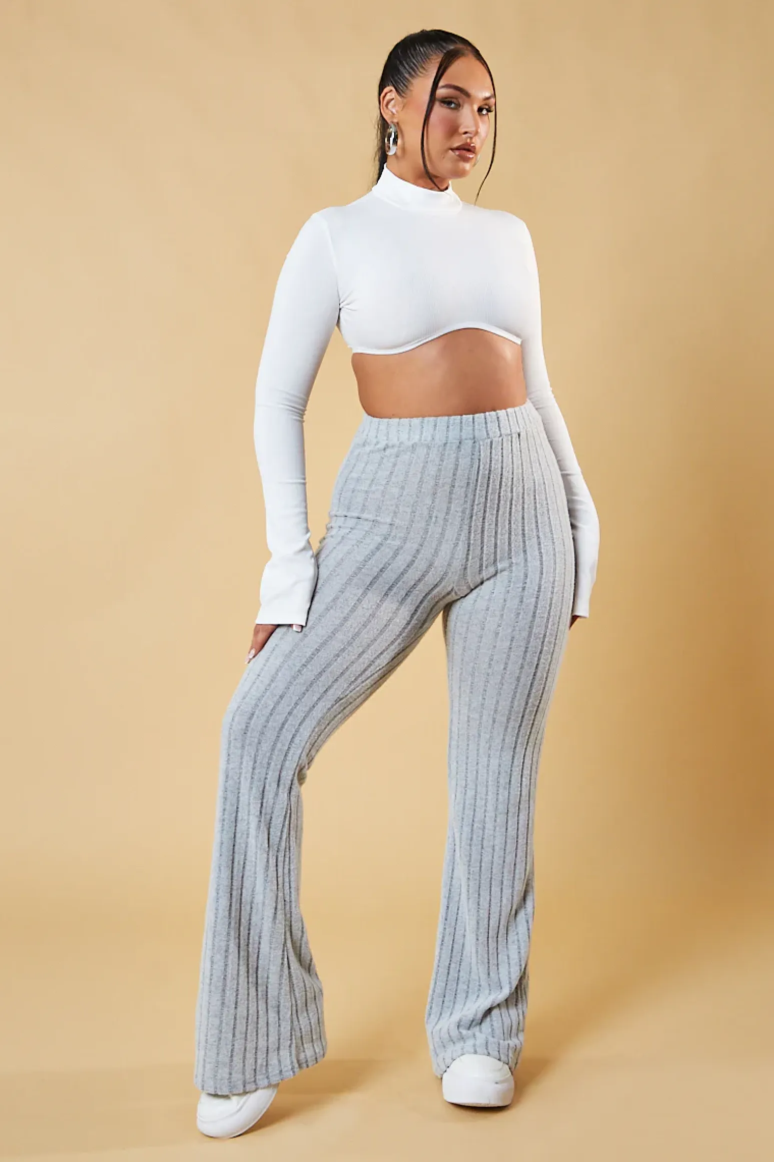 Rebellious Fashion Grey Rib Knit Flared Trousers - Juniper