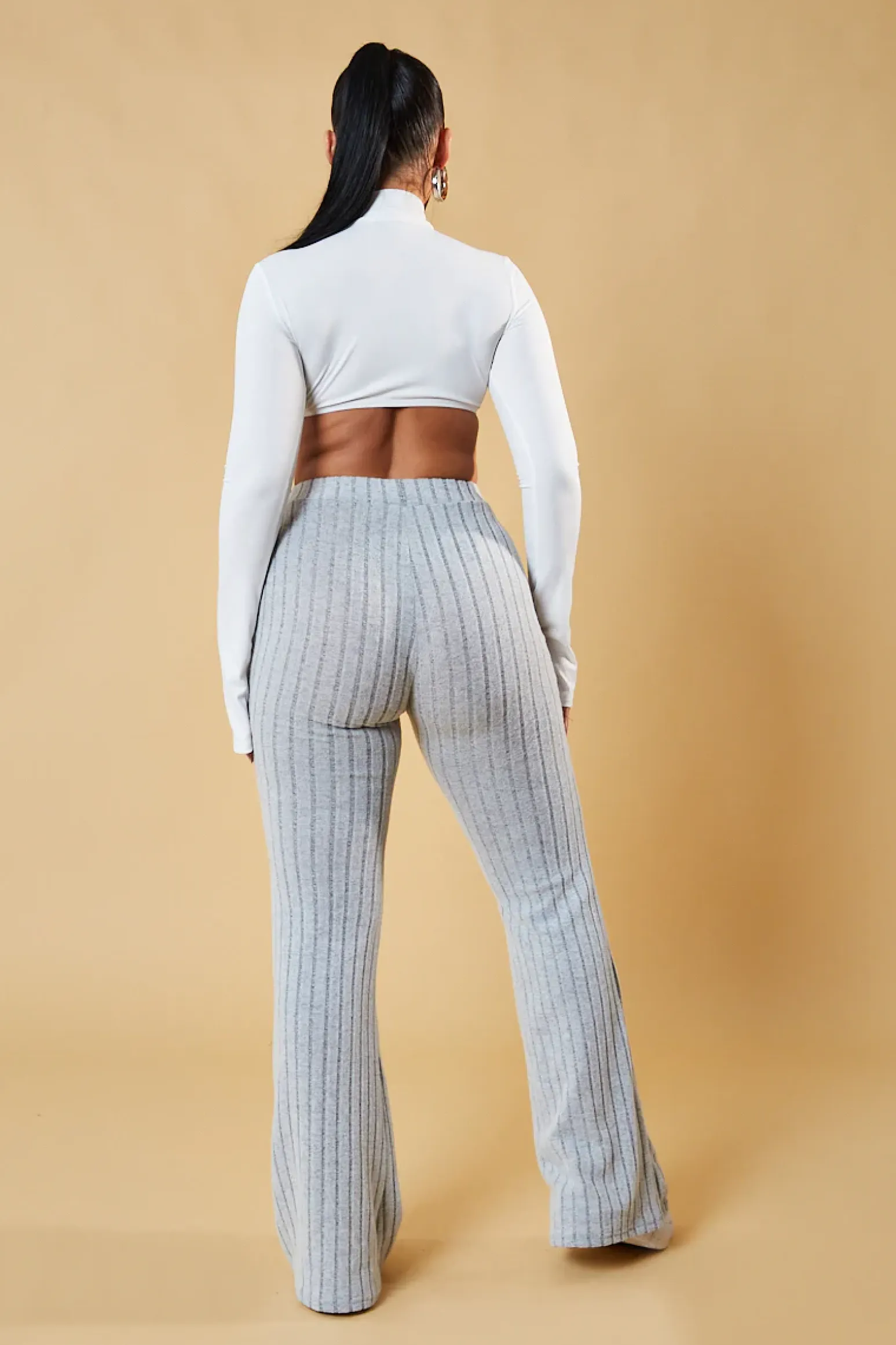 Rebellious Fashion Grey Rib Knit Flared Trousers - Juniper