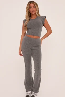 Rebellious Fashion Grey Rib Knit Frill Detail Top & Trousers Co-ord Set - Vaneeza