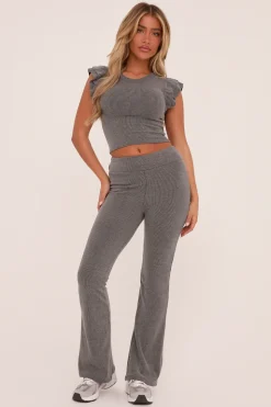 Rebellious Fashion Grey Rib Knit Frill Detail Top & Trousers Co-ord Set - Vaneeza