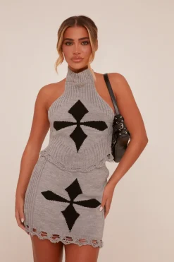 Rebellious Fashion Grey Rib Knit High Neck Top & Mini Skirt Co-ord Set - Jeslyn