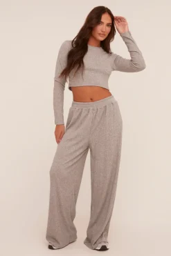 Rebellious Fashion Grey Rib Knit Long Sleeve Top & Wide Leg Trouser Co-ord Set - Damia