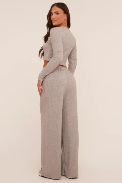 Rebellious Fashion Grey Rib Knit Long Sleeve Top & Wide Leg Trouser Co-ord Set - Damia