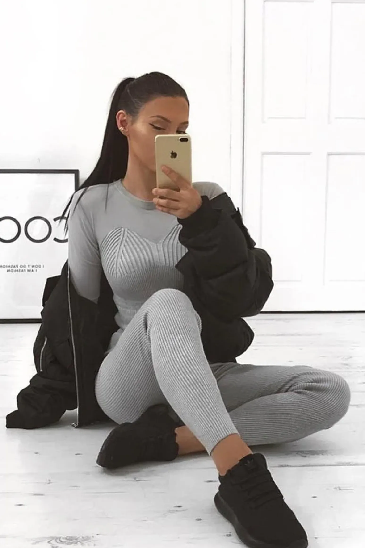 Rebellious Fashion Grey Rib Knit Mesh Insert Loungewear Set - Genavie