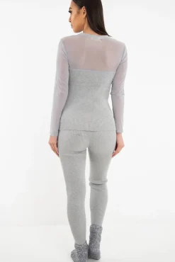 Rebellious Fashion Grey Rib Knit Mesh Insert Loungewear Set - Genavie