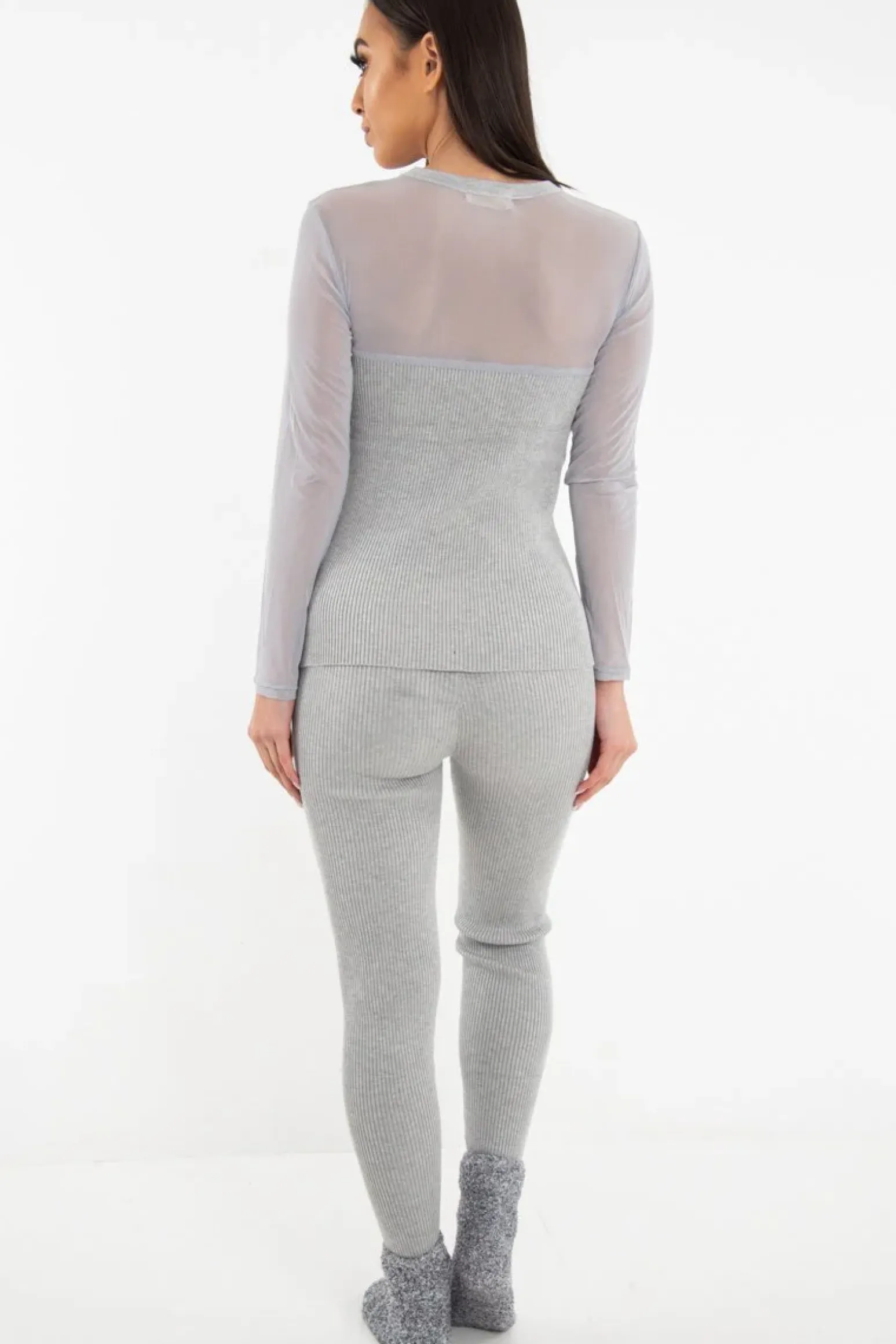 Rebellious Fashion Grey Rib Knit Mesh Insert Loungewear Set - Genavie