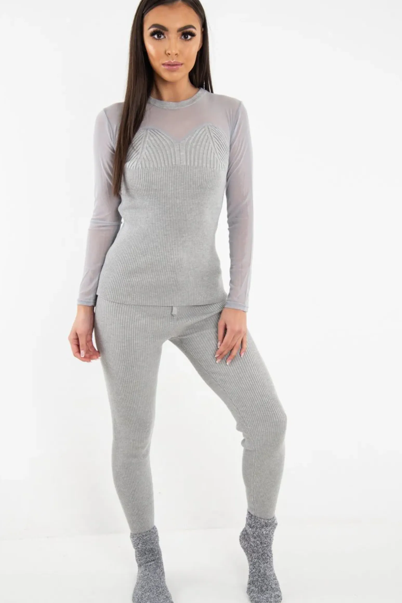Rebellious Fashion Grey Rib Knit Mesh Insert Loungewear Set - Genavie