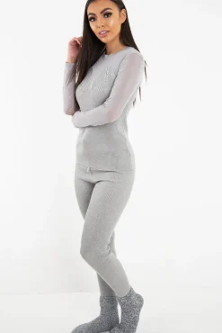 Rebellious Fashion Grey Rib Knit Mesh Insert Loungewear Set - Genavie