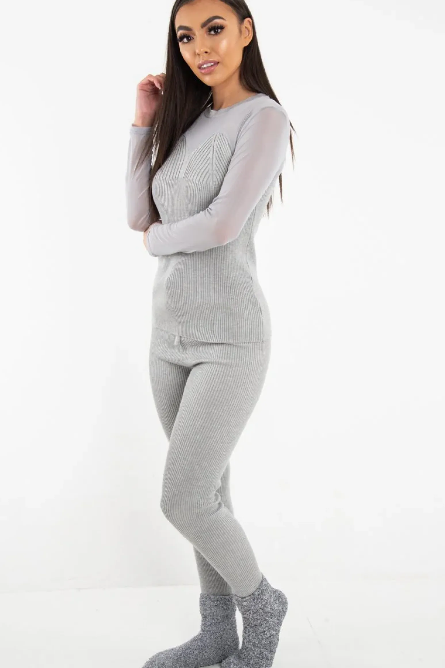 Rebellious Fashion Grey Rib Knit Mesh Insert Loungewear Set - Genavie