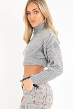 Rebellious Fashion Grey Rib Knit Roll Neck Crop Jumper - Rylan