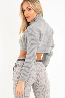 Rebellious Fashion Grey Rib Knit Roll Neck Crop Jumper - Rylan