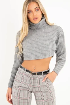 Rebellious Fashion Grey Rib Knit Roll Neck Crop Jumper - Rylan