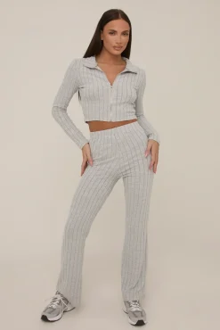 Rebellious Fashion Grey Rib Knit Zip Front Trouser Set - Alison