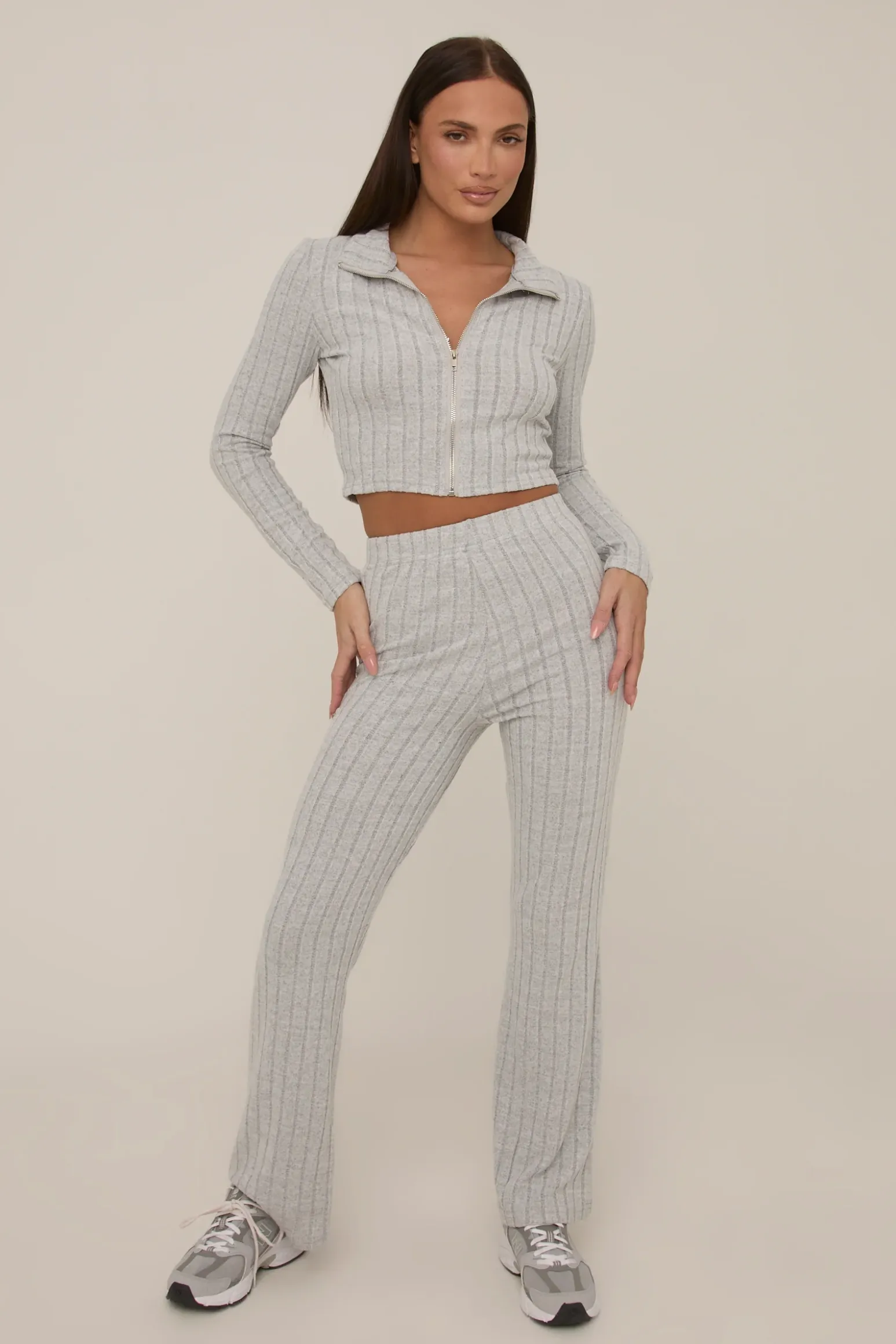 Rebellious Fashion Grey Rib Knit Zip Front Trouser Set - Alison