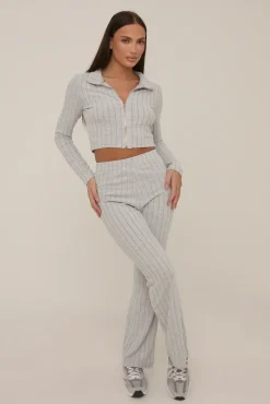 Rebellious Fashion Grey Rib Knit Zip Front Trouser Set - Alison