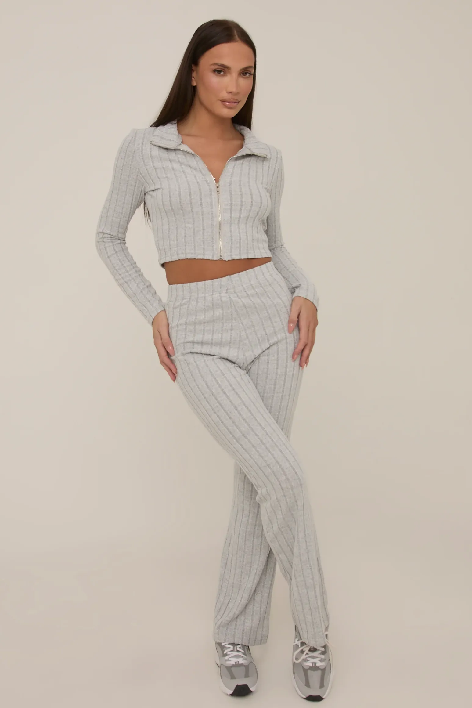 Rebellious Fashion Grey Rib Knit Zip Front Trouser Set - Alison