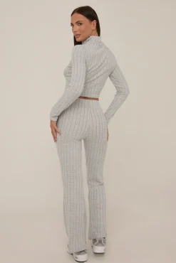 Rebellious Fashion Grey Rib Knit Zip Front Trouser Set - Alison
