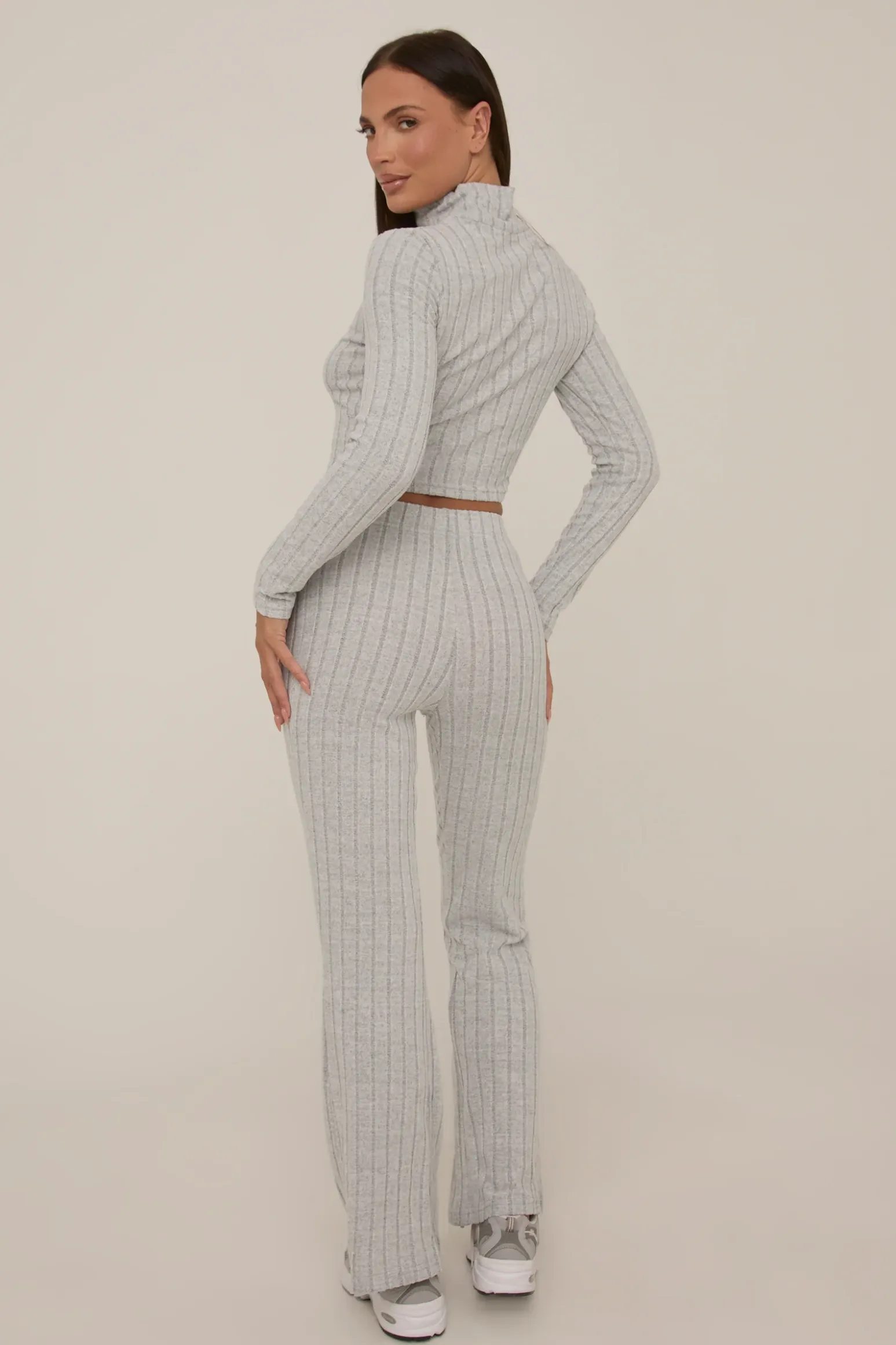 Rebellious Fashion Grey Rib Knit Zip Front Trouser Set - Alison