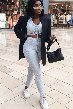 Rebellious Fashion Grey Rib Ruched Front Crop Top Legging Loungewear Co-Ord - Victoria