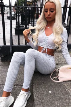Rebellious Fashion Grey Rib Ruched Front Crop Top Legging Loungewear Co-Ord - Victoria