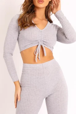 Rebellious Fashion Grey Rib Ruched Front Crop Top Legging Loungewear Co-Ord - Victoria