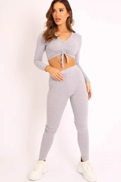 Rebellious Fashion Grey Rib Ruched Front Crop Top Legging Loungewear Co-Ord - Victoria