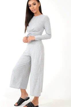 Rebellious Fashion Grey Rib Twist Front Culotte Jumpsuit - Elexis