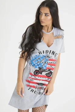Rebellious Fashion Grey 'Riding In California' Graphic Print Cut Out Pin Detail T-Shirt Dress - Harper