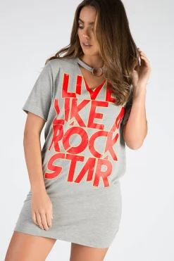 Rebellious Fashion Grey Ring Choker Rockstar Slogan T Shirt Dress - Liana