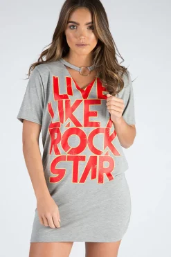 Rebellious Fashion Grey Ring Choker Rockstar Slogan T Shirt Dress - Liana