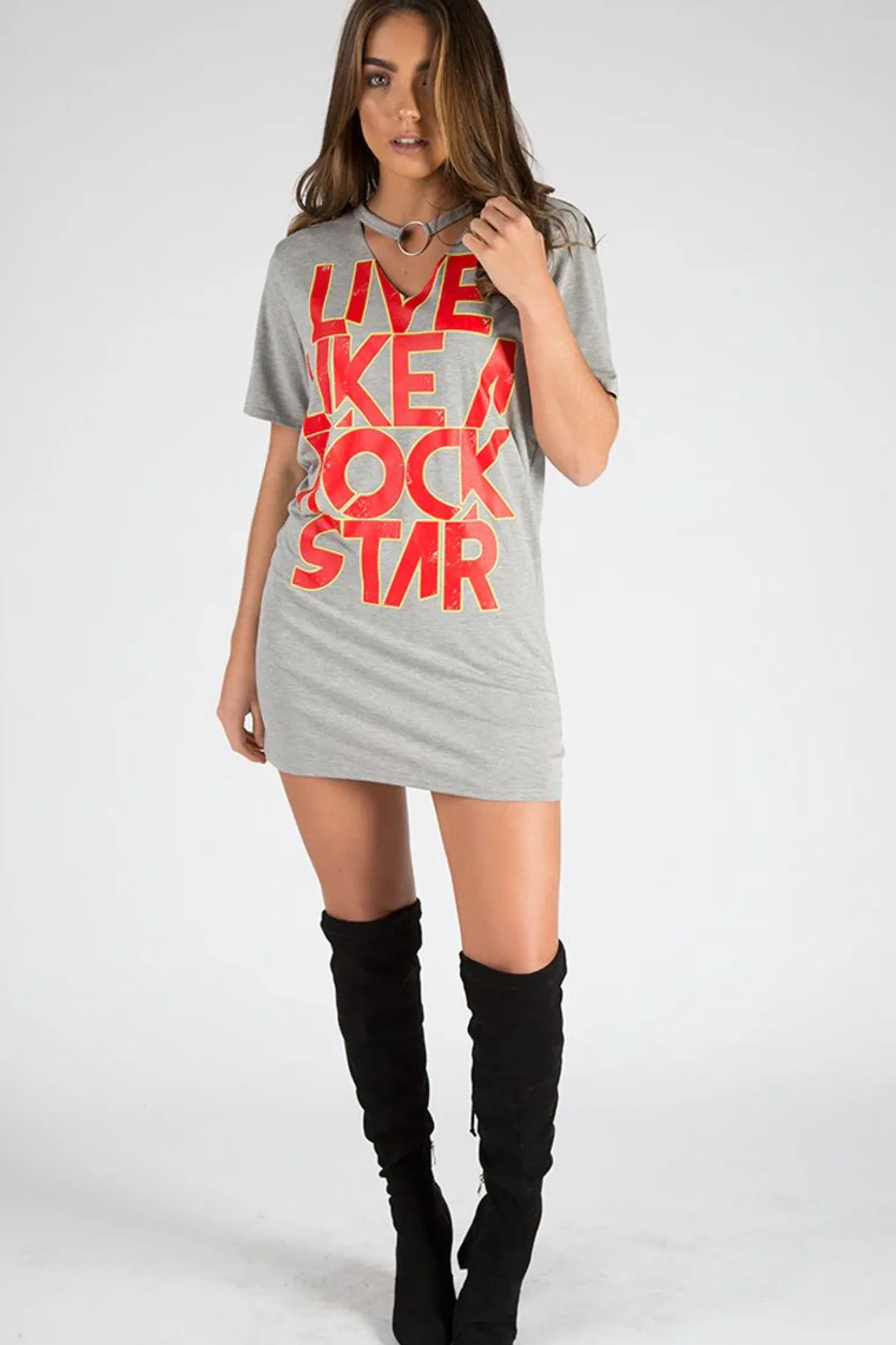 Rebellious Fashion Grey Ring Choker Rockstar Slogan T Shirt Dress - Liana