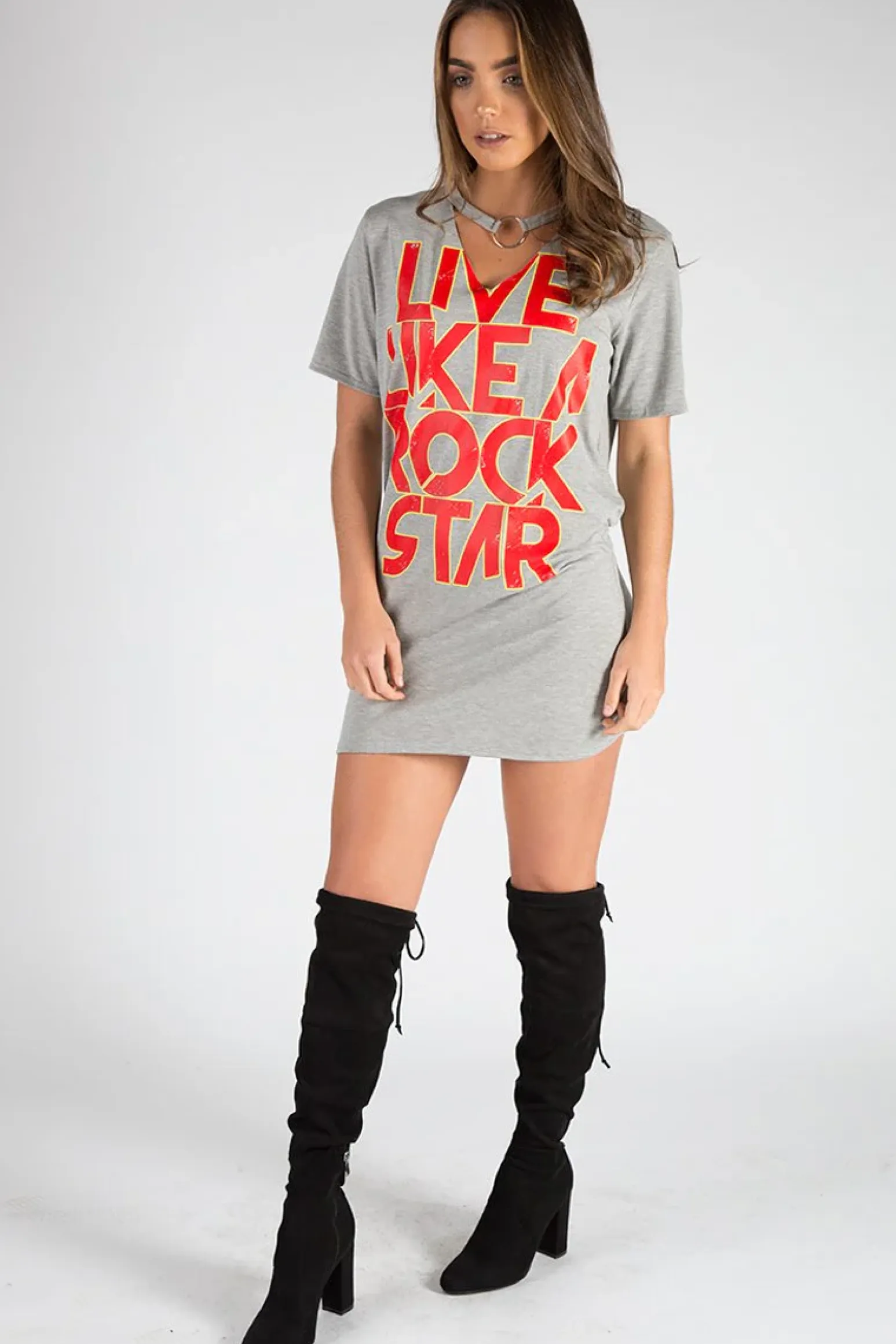 Rebellious Fashion Grey Ring Choker Rockstar Slogan T Shirt Dress - Liana
