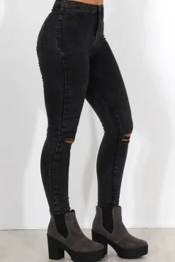 Rebellious Fashion Grey Ripped Knee High Waisted Jeans-Talia