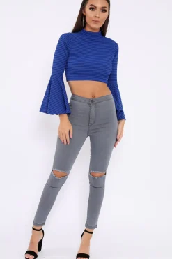 Rebellious Fashion Grey Ripped Knee High Waist Skinny Jeans -Leeya